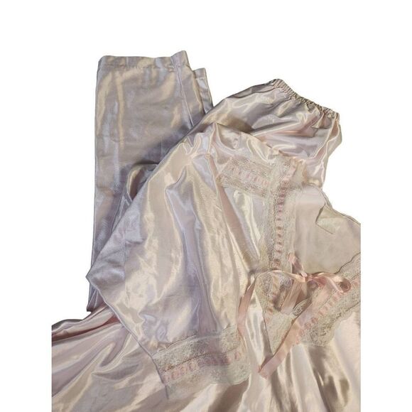 80s Vintage Deadstock Satin Lace Avon Pj Set Pale Pink Bow Size Small - Picture 3 of 8